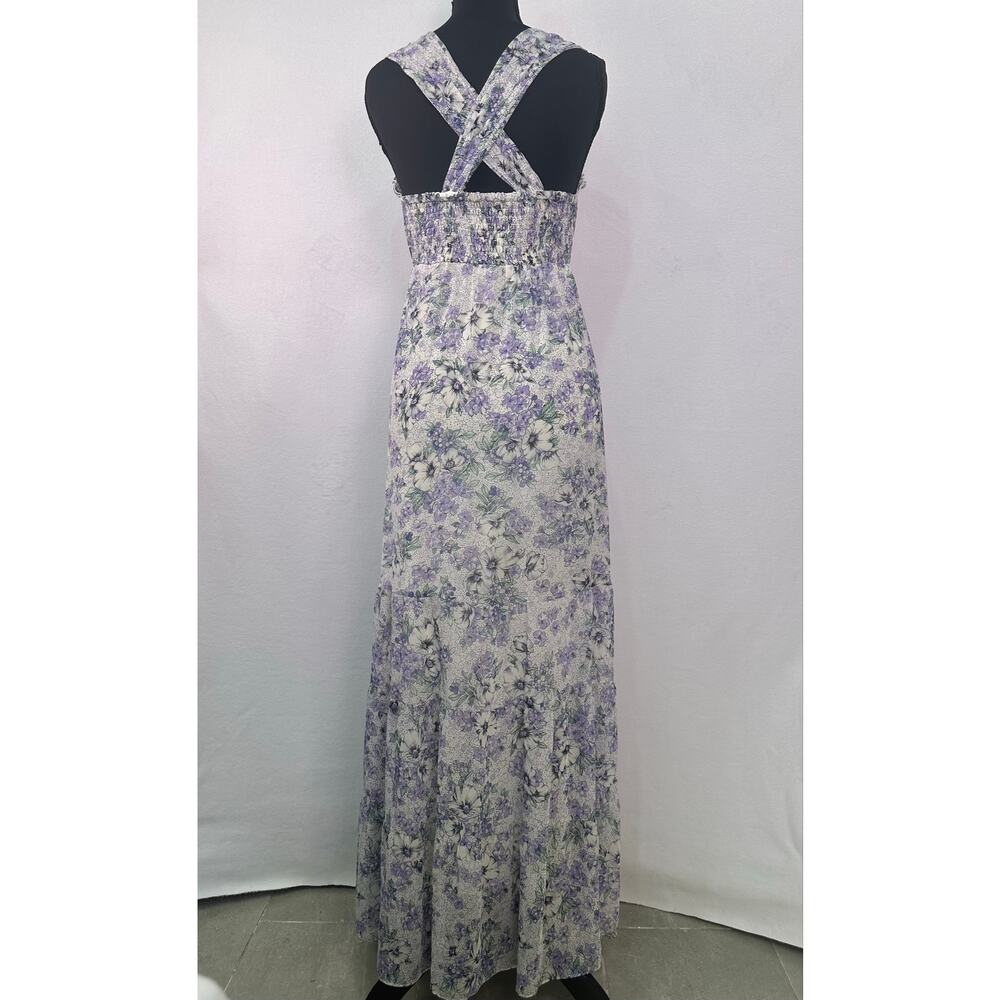 31 Sons de Mode Lavender Floral Ruffle Maxi Dress Sleeveless Cross Back 38/Small - Picture 4 of 10